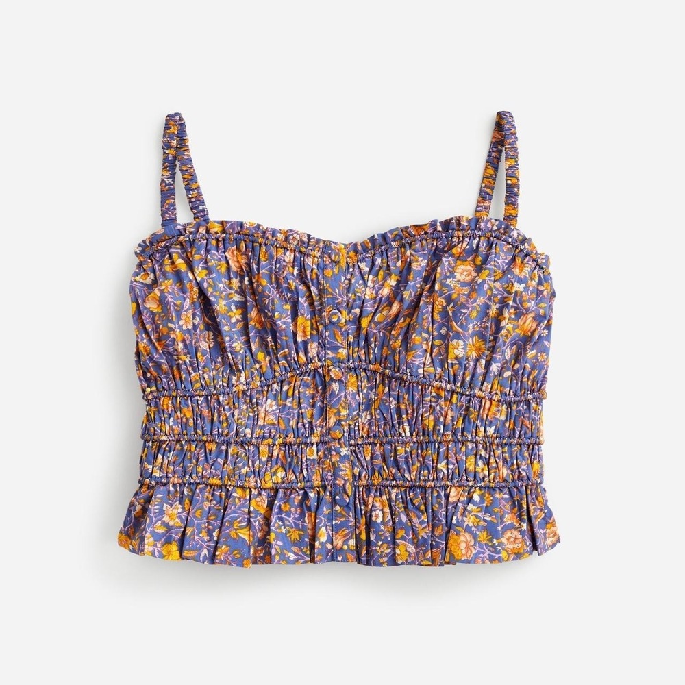 J.Crew Cinched-Waist Cotton Poplin Tank Top Midnight Floral Purple Orange M